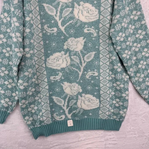 Vintage Private Eyes Teal Floral Rose Knit Sweater Metallic Lurex Crew Neck USA - Picture 2 of 8